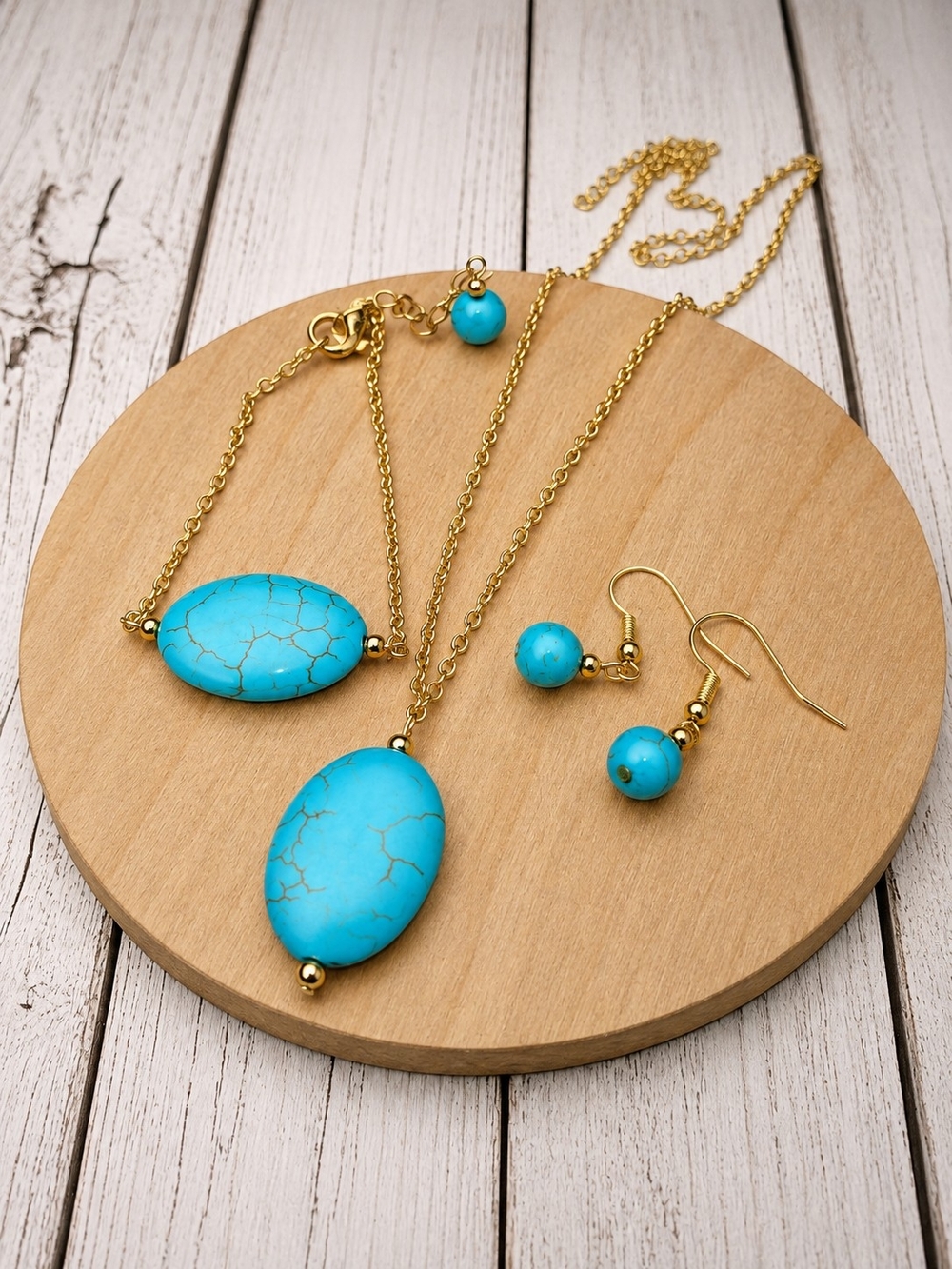 Gold-Plated Turquoise Pendant Necklace and Earrings Set - Blue
